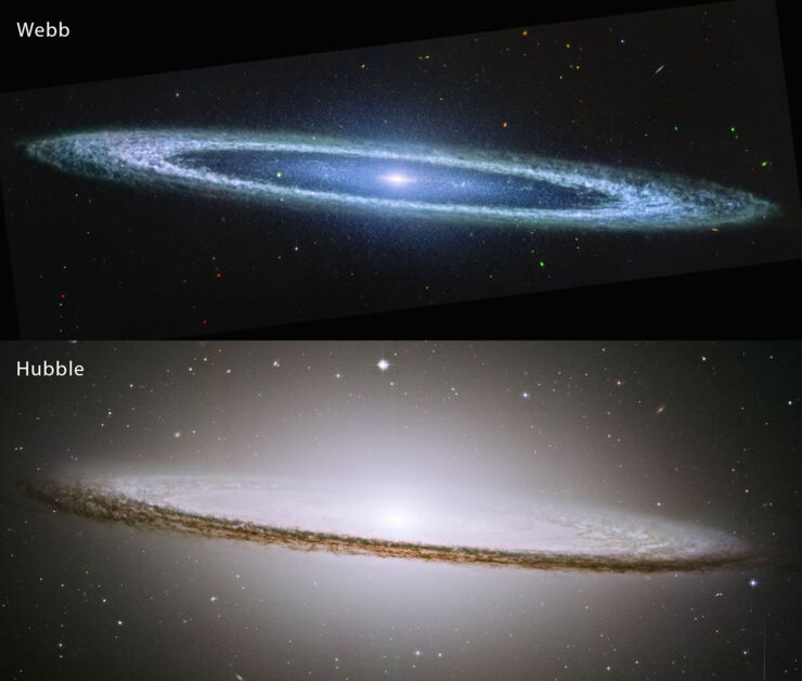 Comparación de la galaxia del Sombrero con imágenes de Webb y el Hubble