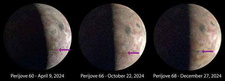 Imágenes de Io captadas en 2024 por el sensor JunoCam 