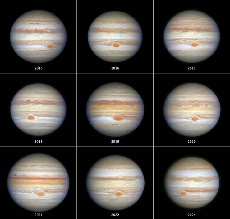 Collage de nueve imágenes de Júpiter capatadas por el Hubble de 2015 a 2024