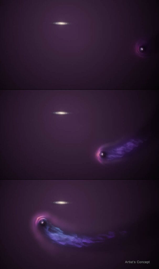 Este concepto artístico ilustra el encuentro de la Gran Nube de Magallanes (LMC) con el halo gaseoso de la Vía Láctea. En el panel superior, en el medio del lado derecho, la LMC comienza a atravesar el halo mucho más masivo de nuestra galaxia. El arco de choque violeta brillante representa el borde delantero del halo de la LMC, que se comprime a medida que el halo de la Vía Láctea empuja contra la LMC que se aproxima. En el panel central, parte del halo se está desprendiendo y se está expandiendo hasta convertirse en una cola de gas que finalmente caerá sobre la Vía Láctea. El panel inferior muestra la progresión de esta interacción, a medida que la cola de la LMC, similar a la de un cometa, se vuelve más definida. Queda un halo compacto de la LMC. Dado que la LMC acaba de pasar su punto más cercano a la Vía Láctea y se está alejando nuevamente hacia el espacio profundo, los científicos no esperan que se pierda el halo residual.