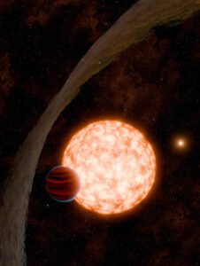 Concepto artístico de un planeta joven recién descubierto, expuesto a la observación por un disco de escombros deformado