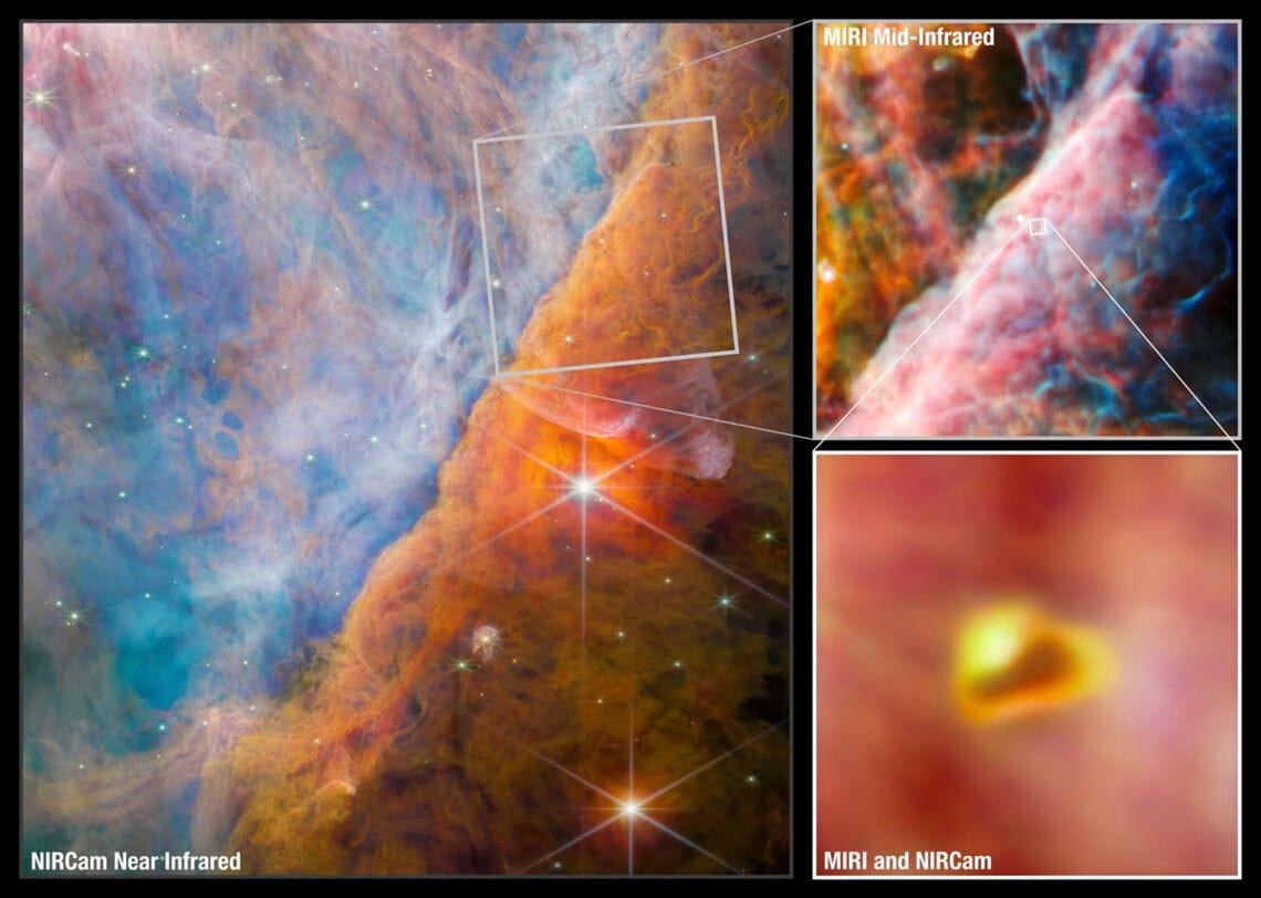 Estas imágenes de Webb muestran una parte de la Nebulosa de Orión conocida como Barra de Orión. Es una región donde la enérgica luz ultravioleta del cúmulo del Trapecio, ubicado en la esquina superior izquierda, interactúa con densas nubes moleculares. La energía de la radiación estelar está erosionando lentamente la Barra de Orión, y esto tiene un profundo efecto en las moléculas y la química de los discos protoplanetarios que se han formado aquí alrededor de estrellas recién nacidas. La imagen más grande, a la izquierda, es del instrumento NIRCam (cámara de infrarrojo cercano) de Webb. En la parte superior derecha, el telescopio está enfocado en un área más pequeña utilizando el MIRI (Instrumento de infrarrojo medio) de Webb. En estas imágenes se utilizaron un total de dieciocho filtros en los instrumentos MIRI y NIRCam, cubriendo un rango de longitudes de onda desde 1,4 micrones en el infrarrojo cercano hasta 25,5 micrones en el infrarrojo medio. En el centro del área MIRI hay un sistema estelar joven con un disco de formación de planetas llamado d203-506. El menú desplegable en la parte inferior derecha se muestra una imagen combinada NIRCam y MIRI de este joven sistema. Su forma alargada se debe a la presión de la fuerte radiación ultravioleta que lo golpea. Un equipo internacional de astrónomos detectó por primera vez una nueva molécula de carbono conocida como catión metilo en d203-506.
