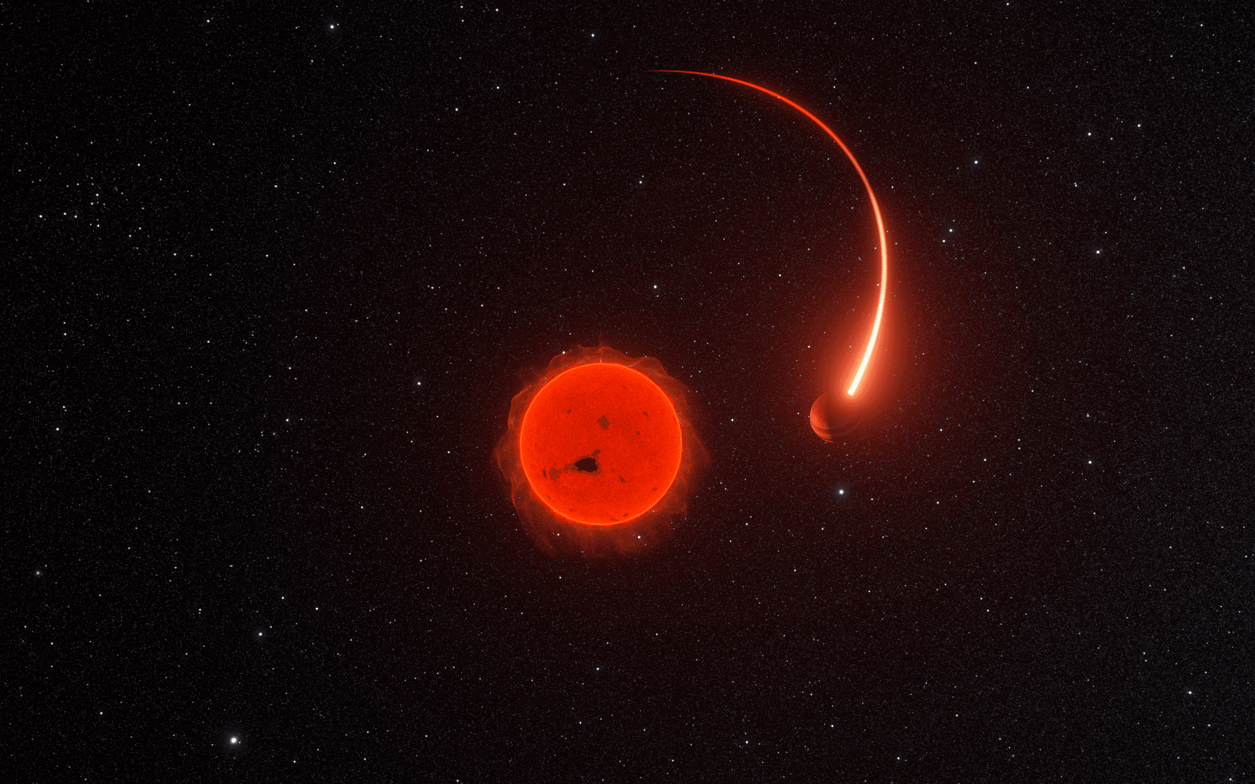 Gaia-4b es un planeta que orbita la estrella llamada Gaia-4, a unos 244 años luz de distancia. Gaia-4b es unas doce veces más masivo que Júpiter. Con un período orbital de 570 días, es un planeta gigante gaseoso relativamente frío. Esta representación artística visualiza una parte del movimiento orbital determinado por los datos astrométricos de Gaia. Credit: ESA/Gaia/DPAC/M. Marcussen