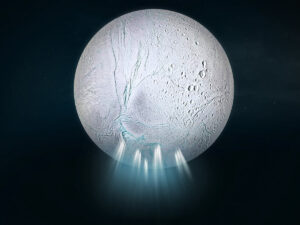 Representación artística de Encélado, la luna helada de Saturno. Con una superficie congelada que cubre un océano profundo, Encélado es un objetivo fascinante para buscar signos de habitabilidad en otras partes de nuestro Sistema Solar.