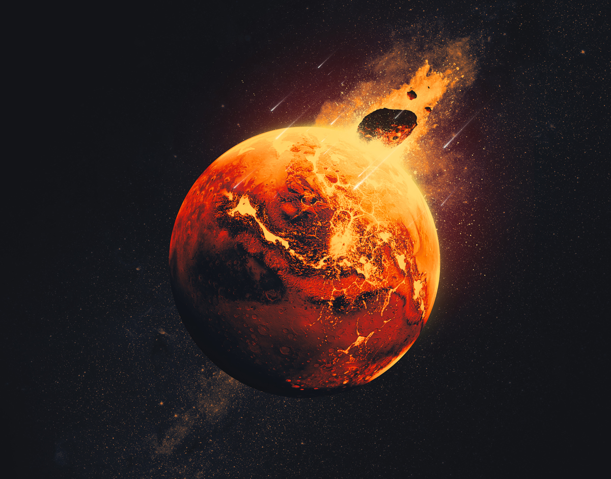 Los científicos creen que Marte fue golpeado por impactos gigantes —como el que muestra esta ilustración— hace unos 4.500 millones de años. Esos choques lanzaron restos profundamente dentro del manto del planeta. La sonda InSight de la NASA detectó esas señales antes de que terminara su misión en 2022.