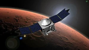 Concepto artístico de la sonda espacial MAVEN sobrevolando Marte.