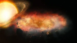 Esta ilustración artística muestra un enorme disco planetario de escombros, rodeado por una gruesa nube de polvo y gas, pasando en frente de una estrella. Un equipo de astrónomos logró medir el movimiento del gas al interior de la nube.