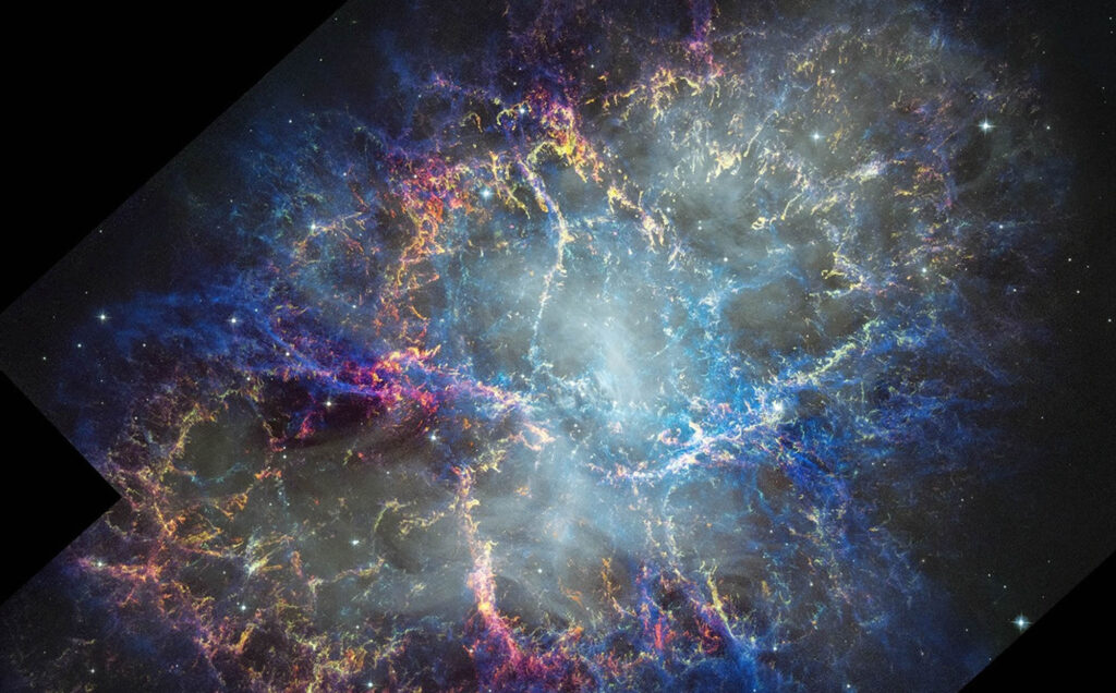 Esta imagen de 2024 que el Telescopio Espacial Hubble de la NASA capturó de la Nebulosa del Cangrejo, junto con sus observaciones pasadas y las de otros telescopios, permite a los astrónomos estudiar cómo el remanente de supernova se está expandiendo y evolucionando con el tiempo.