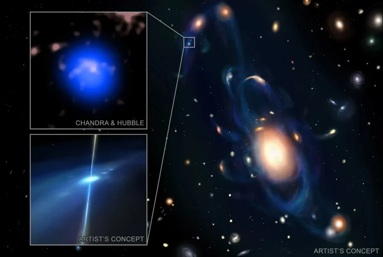 Ilustración artística e imagen compuesta de dos colisiones cósmicas. La primera muestra el choque entre dos grupos de galaxias que expulsó corrientes de gas al espacio. En una de ellas nació una pequeña galaxia donde, millones de años después, dos estrellas de neutrones colisionaron, generando rayos X, un estallido de rayos gamma y elementos pesados como oro y platino. La imagen combina datos de Hubble y Chandra con una recreación del choque estelar.