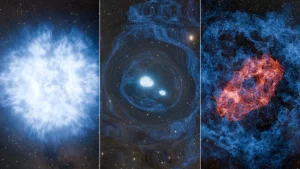 Las tres etapas de una superkilonova teórica se reflejan en este concepto artístico. El colapso de una estrella masiva que gira rápidamente crea dos pequeñas estrellas de neutrones (una de las cuales tiene menos masa que nuestro Sol), que inmediatamente comienzan a acercarse y fusionarse, generando una kilonova rica en metales pesados.