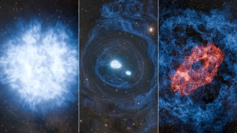 Las tres etapas de una superkilonova teórica se reflejan en este concepto artístico. El colapso de una estrella masiva que gira rápidamente crea dos pequeñas estrellas de neutrones (una de las cuales tiene menos masa que nuestro Sol), que inmediatamente comienzan a acercarse y fusionarse, generando una kilonova rica en metales pesados.