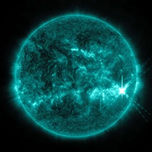 El Observatorio de Dinámica Solar de la NASA, SDO, captó esta imagen de una llamarada solar —visible como un destello brillante a la derecha— el 8 de diciembre de 2025. La imagen muestra luz ultravioleta extrema, que revela el material extremadamente caliente de la erupción, y ha sido coloreada en tonos turquesa.