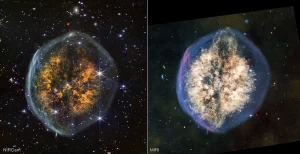 En estas imágenes de la Nebulosa Cráneo se puede ver que los instrumentos del telescopio Webb muestran cosas diferentes. En la imagen tomada con NIRCam se ven más estrellas y galaxias al fondo, mientras que en la imagen tomada con MIRI se ve mejor el polvo espacial, porque brilla más en ese tipo de luz infrarroja.