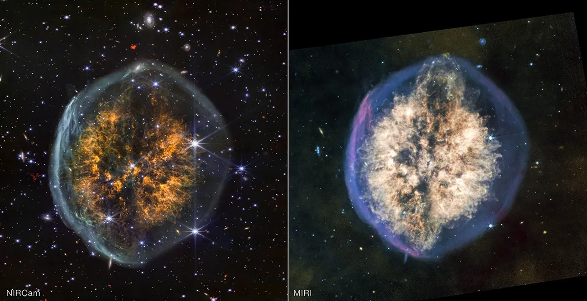 En estas imágenes de la Nebulosa Cráneo se puede ver que los instrumentos del telescopio Webb muestran cosas diferentes. En la imagen tomada con NIRCam se ven más estrellas y galaxias al fondo, mientras que en la imagen tomada con MIRI se ve mejor el polvo espacial, porque brilla más en ese tipo de luz infrarroja.