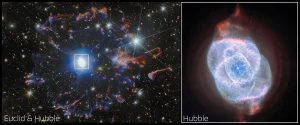 Los telescopios Hubble y Euclid han unido sus fuerzas para crear una nueva vista de los restos visualmente más intrincados de una estrella moribunda: la Nebulosa Ojo de Gato, también conocida como NGC 6543.