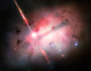 Esta ilustración artística, que muestra un chorro de material a ran velocidad lanzados desde una fuente ubicada en una galaxia muy polvorienta, representa a GRB 250702B, el estallido de rayos gamma más largo que los astrónomos han observado.