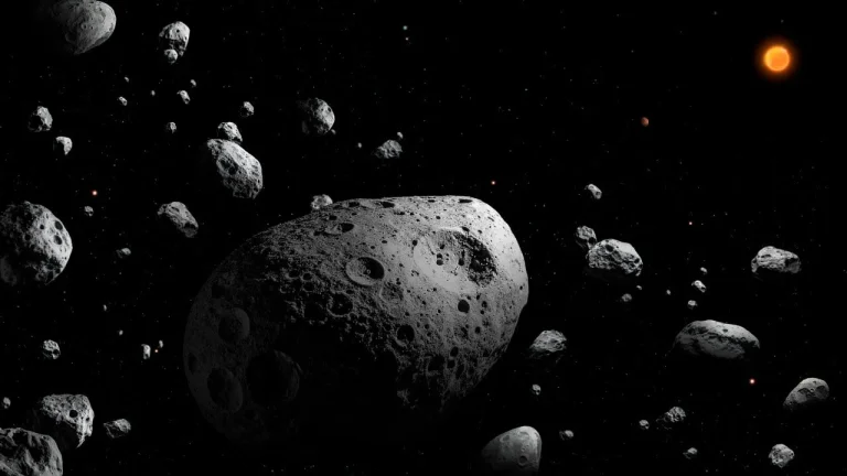 Esta ilustración artística representa a 2025 MN45 — el asteroide de un diámetro mayor a 500 metros con la rotación más rápida que se ha descubierto hasta ahora por los científicos. El asteroide aparece rodeado de otros asteroides, lo que representa su ubicación dentro del cinturón principal de asteroides. El Sol y Júpiter se ven a lo lejos.