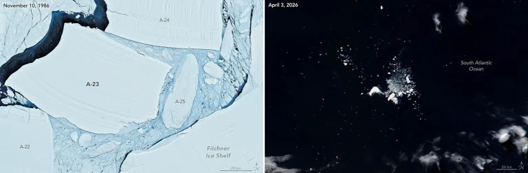 El iceberg A-23A, uno de los más grandes jamás registrados por satélites, se fragmenta en el océano Austral tras casi 40 años de deriva desde su desprendimiento de la Antártida en 1986. Credit: NASA