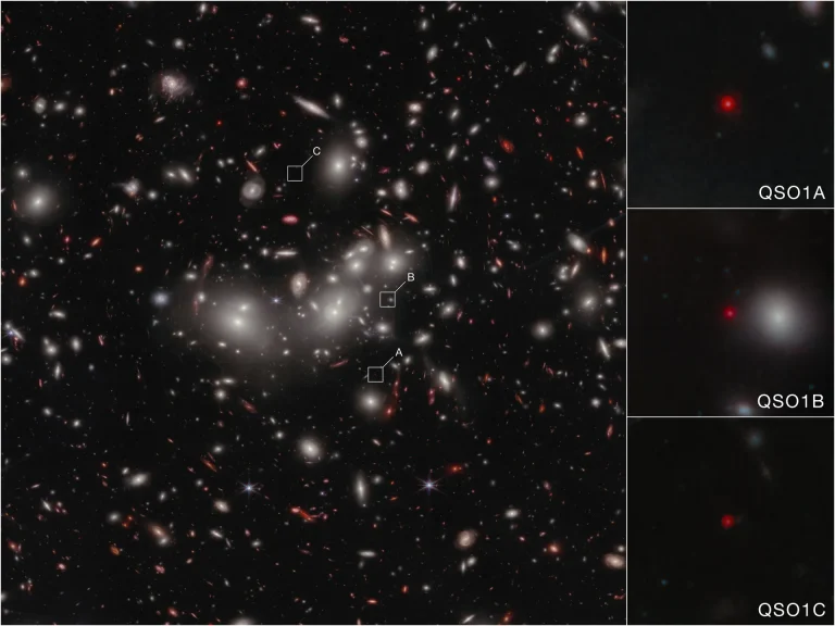 Imagen captada por la cámara NIRCam del telescopio espacial James Webb de la NASA donde se muestra el objeto Abell2744-QSO1, perteneciente a la categoría “Little Red Dots”, misteriosos objetos extremadamente compactos y brillantes detectados en el universo temprano. La imagen fue ampliada y replicada tres veces por el efecto de lente gravitacional del cúmulo de galaxias Abell 2744, también conocido como el Cúmulo de Pandora.