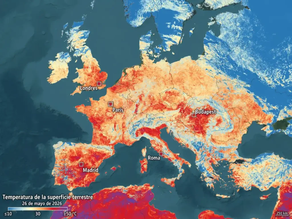 La misión Sentinel-3 del programa Copernicus muestra desde el espacio el impacto de la ola de calor que afecta a Europa en mayo de 2026, con temperaturas récord en Reino Unido, España, Italia y otros países.