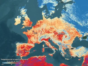 La misión Sentinel-3 del programa Copernicus muestra desde el espacio el impacto de la ola de calor que afecta a Europa en mayo de 2026, con temperaturas récord en Reino Unido, España, Italia y otros países.