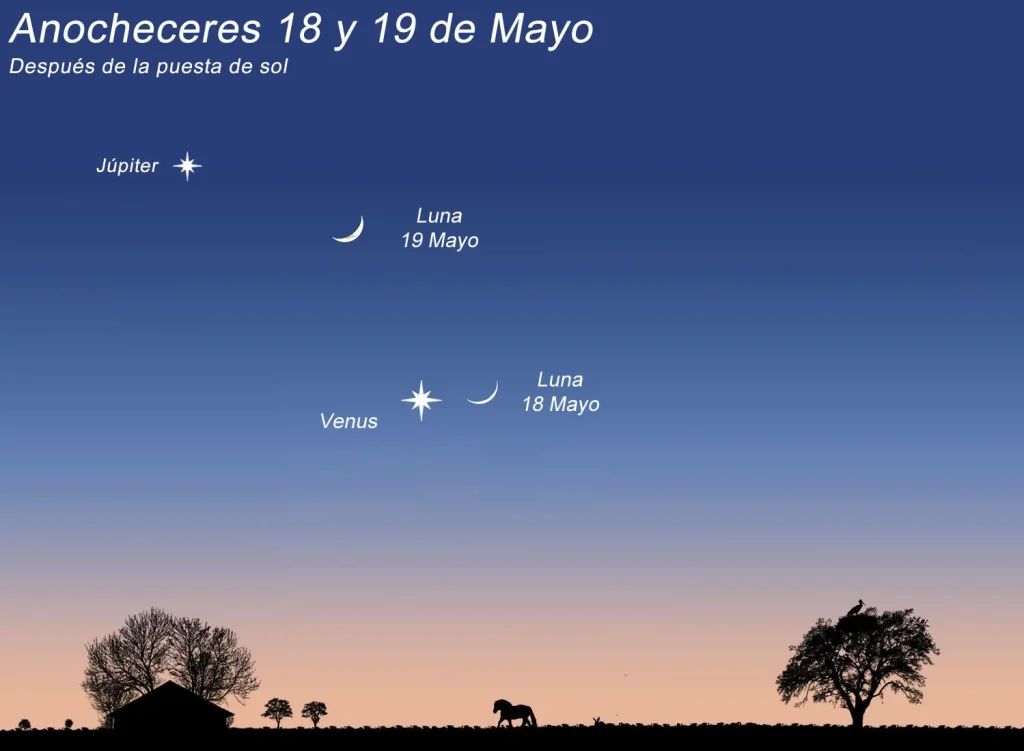 La Luna creciente y Venus protagonizan un espectacular encuentro al atardecer este lunes 18 y martes 19 de mayo
