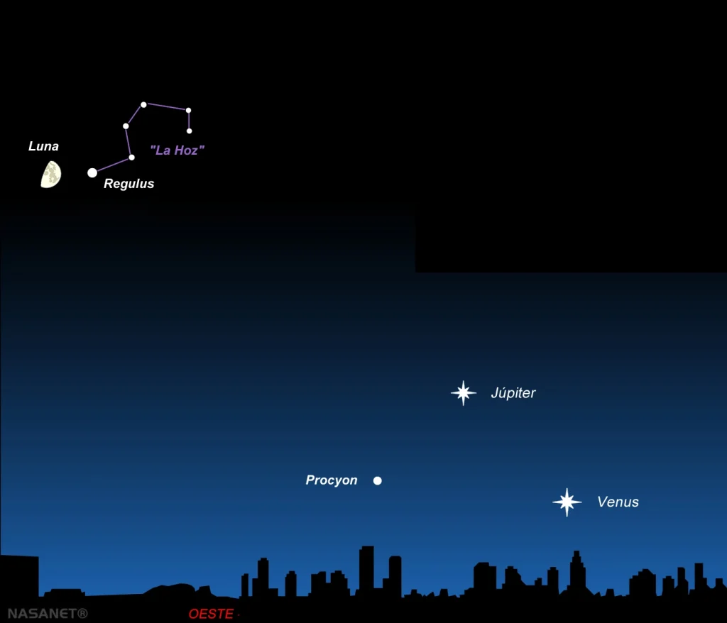 Una vez que se haya puesto el Sol y empiece a oscurecer, mira hacia el suroeste y verás una Luna Creciente brillando cerca de la estrella más brillante de la constelación de Leo: Regulus