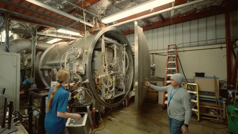 El propulsor prototipo está encerrado en la instalación de vacío de propelente metálico condensable (CoMeT) del JPL, un activo nacional único diseñado para probar de forma segura propulsores que utilizan propelentes de vapor metálico, como parte de potenciales sistemas de propulsión eléctrica de clase megavatio. Credit: NASA/JPL-Caltech