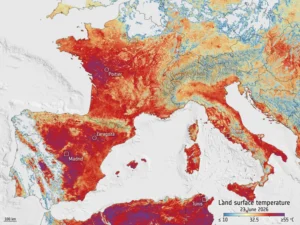 La Agencia Espacial Europea muestra desde el espacio la intensa ola de calor que afecta a Europa. Los satélites Sentinel-3 registran temperaturas superficiales de hasta 55 °C en España, Francia e Italia.