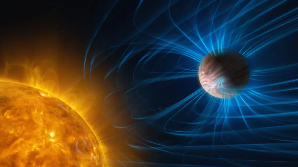 Representación artística de la actividad magnética en un exoplaneta.