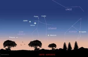 La constelación de Géminis será la gran protagonista de la conjunción de Venus y Júpiter. Descubre cómo observar este espectacular encuentro planetario junto a las estrellas Cástor y Pólux tras la puesta de sol.