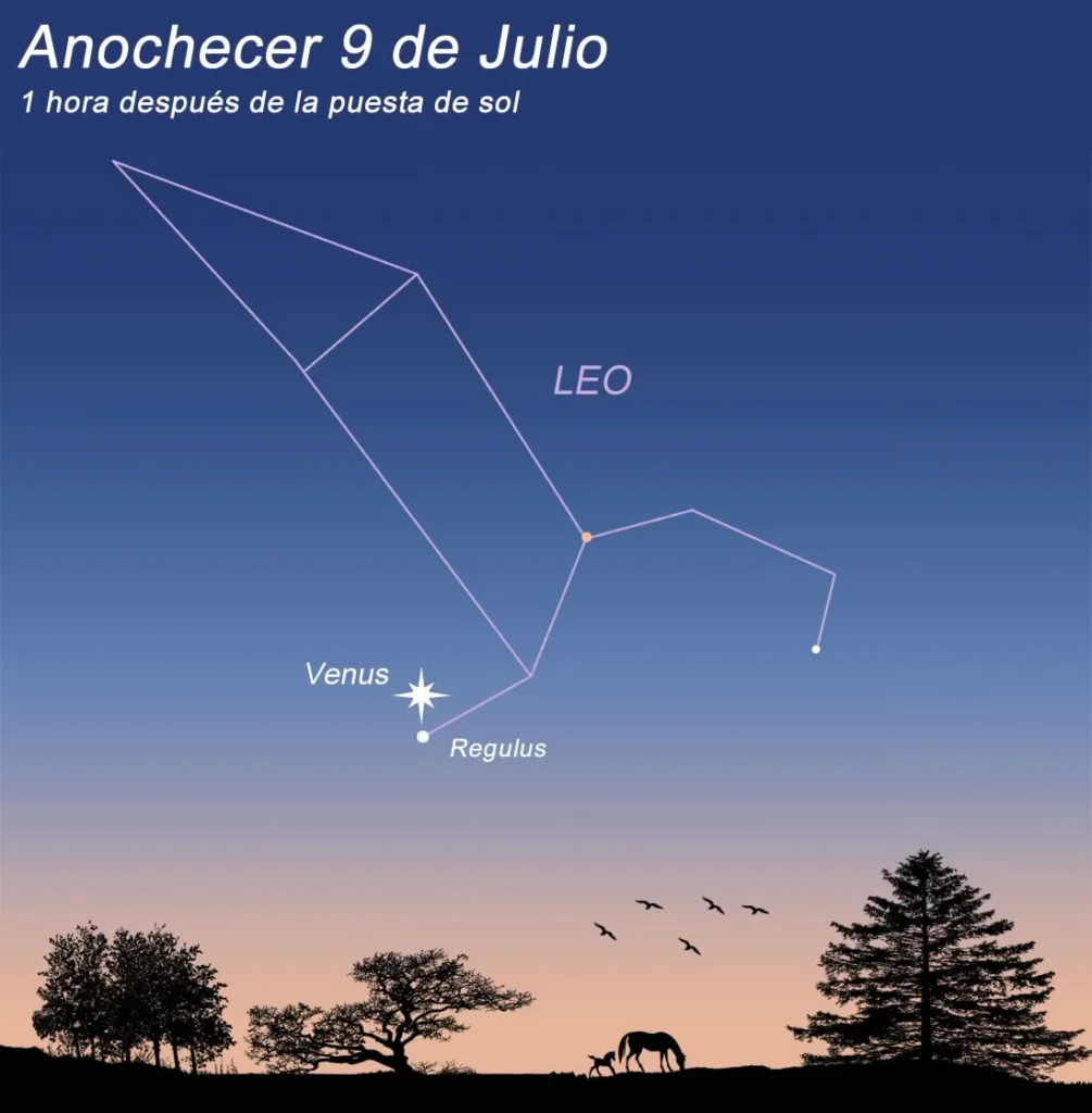 Venus y Regulus protagonizan una llamativa conjunción visible al anochecer del jueves 9 de Julio.