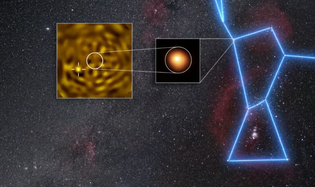 Utilizando el VLT (Very Large Telescope) de ESO, un equipo de astrónomos ha obtenido la imagen más nítida jamás vista de lo que probablemente sea Betelgeuse B, una estrella que orbita Betelgeuse. Betelgeuse es una supergigante roja de la constelación de Orión. Su brillo cambia periódicamente, y durante décadas la comunidad astronómica ha sospechado que algunas de estas variaciones podían deberse a una estrella compañera que orbitaba a su alrededor.