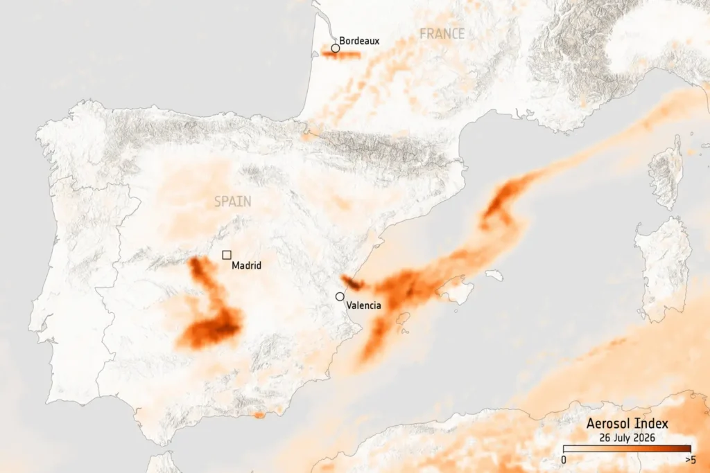 Los incendios forestales en España y Francia han generado una enorme nube de humo visible desde el espacio. El satélite Sentinel-5P de la ESA muestra el alcance de los aerosoles sobre Europa.