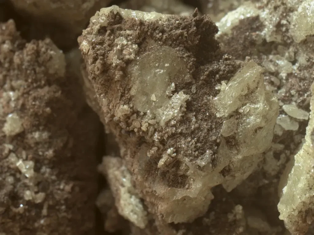 Primer plano del azufre puro hallado en Marte por el rover Curiosity.