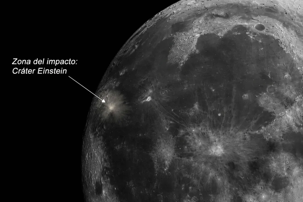 El lugar donde se produjo la colisión se encuentra en las proximidades del cráter Einstein, situado cerca del borde occidental visible de la Luna.