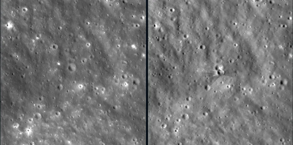 La NASA ha publicado las primeras imágenes detalladas del nuevo cráter provocado por el impacto de la etapa superior de un Falcon 9 de SpaceX contra la Luna el pasado 5 de agosto. El Lunar Reconnaissance Orbiter (LRO) ha permitido estudiar sus dimensiones y los materiales excavados durante la colisión.
