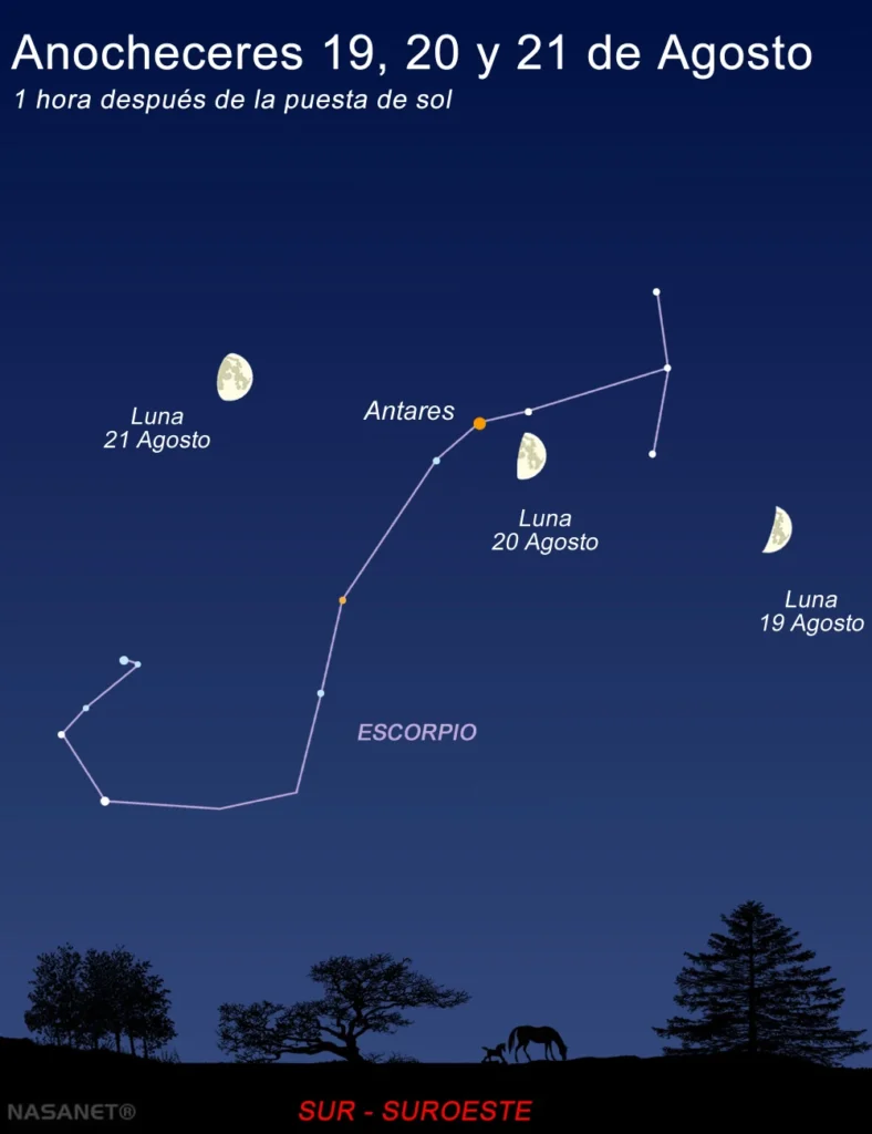 La Luna recorrerá estos días la constelación de Escorpio y se acercará a Antares, su brillante estrella rojiza. Te contamos cuándo y cómo observar este bonito encuentro en el cielo nocturno.